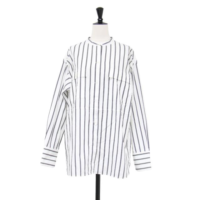 INED イネド シャツ ホワイト ブラック 白黒 サイズ:9(M) / 24秋冬 ストライプ柄 バンドカラー シャツ / コットン 長袖 オーバーサイズ / トップス ブラウス【レディース】【中古】【美品】【K4410】