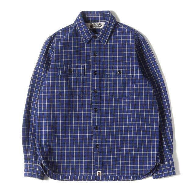 A BATHING APE ア ベイシング エイプ シャツ サイズ:M / チンスト付き ヘビー チェック フランネルシャツ / ブルー ホワイト / トップス カジュアルシャツ 長袖【メンズ】【中古】【K4411】