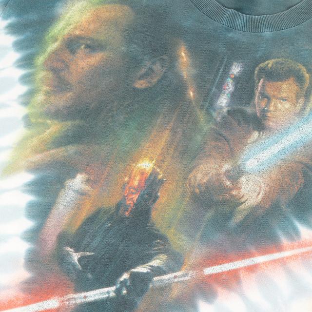 U.S.VINTAGE ヴィンテージ 90〜00s STAR WARS EP1 ダース・モール&オビ・ワン&クワイガン タイダイ染め クルーネック 半袖 Tシャツ LIQUID BLUEボディ マルチ L トップス カットソー 90年代 00年代 古着 【メンズ】【中古】【K3810】