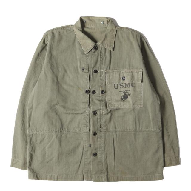 【スペシャル】Vintage Military Item ヴィンテージミリタリー ジャケット サイズ:詳細参照(XL位) / 40s 米軍実物 USMC P-44 HBT ヘリンボーンツイル ジャケット / オリーブ / アウター ブルゾン 上着【メンズ】【中古】【K4422】