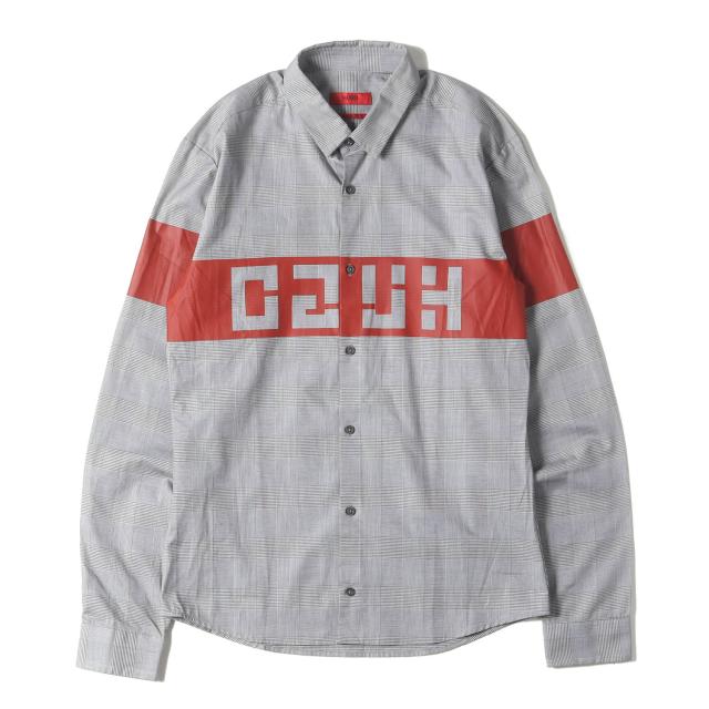 HUGO BOSS ヒューゴボス シャツ サイズ:XS / プリントデザイン グレンチェック コットン シャツ (Extra Slim Fit) / グレー / トップス カジュアルシャツ 長袖【メンズ】【中古】【美品】【K4428】