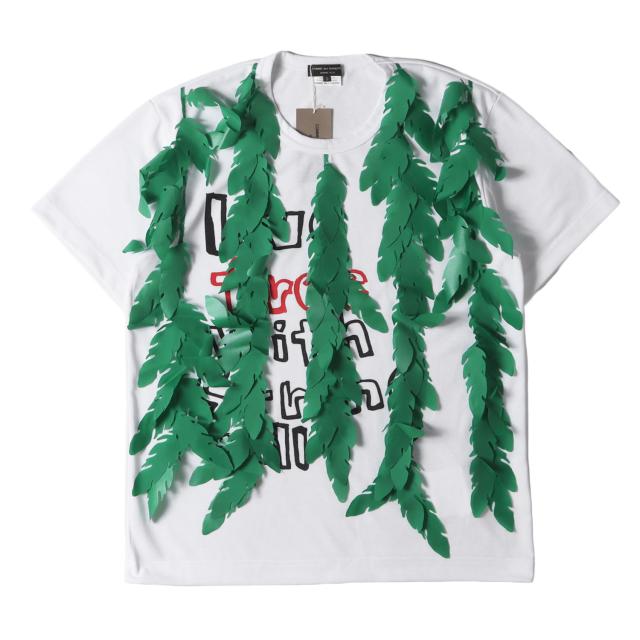 COMME des GARCONS HOMME PLUS コムデギャルソン オムプリュス Tシャツ サイズ:S / 24SS リーフ 装飾 メッセージ ロゴ バインダーネック Tシャツ (PM-T022) / ホワイト 白 / トップス カットソー 半袖【メンズ】【K4430】
