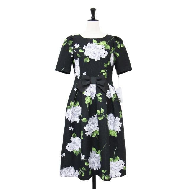 MS GRACY エムズグレイシー ワンピース ブラック系 黒 サイズ:36(S) / 24秋冬 ブーケ柄 ジャガード ドレス / 半袖 ミディ丈 ラウンドネック リボン フラワープリント / トップス / 日本製【レディース】【K4434】