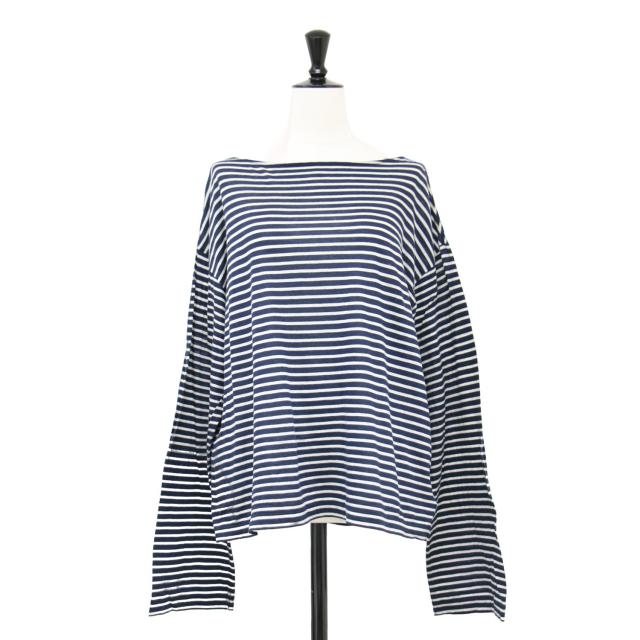 Deuxieme Classe ドゥーズィエム クラス カットソー ネイビー ホワイト 紺白 サイズ:FREE / 24春夏 Sheer ボーダー プルオーバー / シアー コットン / 日本製 / トップス ロンT Tシャツ 長袖 【レディース】【中古】【K4435】