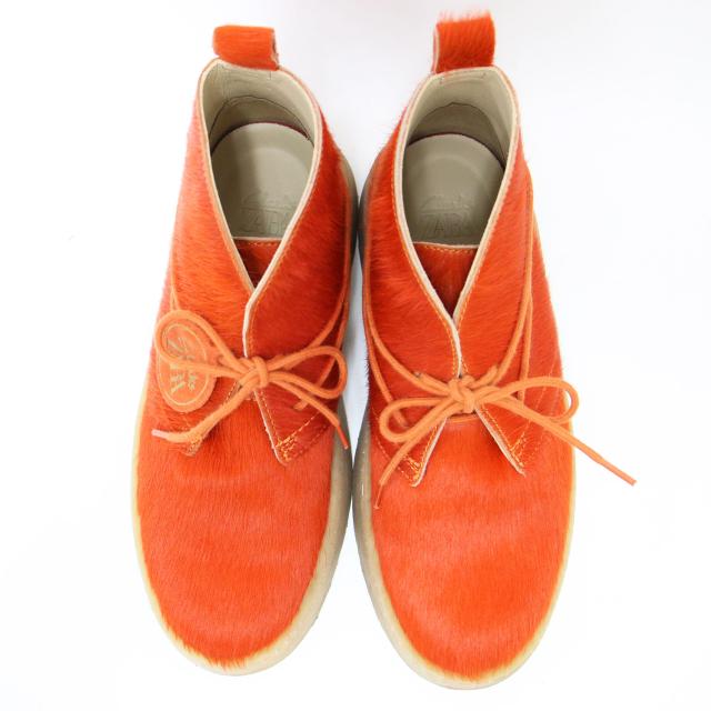 ZARA ザラ Clarks 別注 オレンジ サイズ:38(24.5cm) / レザー アンクル ブーツ / ハラコ ファー 厚底 クレープソール / クラークス コラボ / シューズ 靴【レディース】【中古】【K4438】