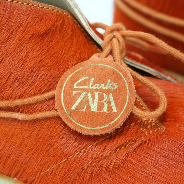 ZARA ザラ Clarks 別注 オレンジ サイズ:38(24.5cm) / レザー アンクル ブーツ / ハラコ ファー 厚底 クレープソール / クラークス コラボ / シューズ 靴【レディース】【中古】【K4438】
