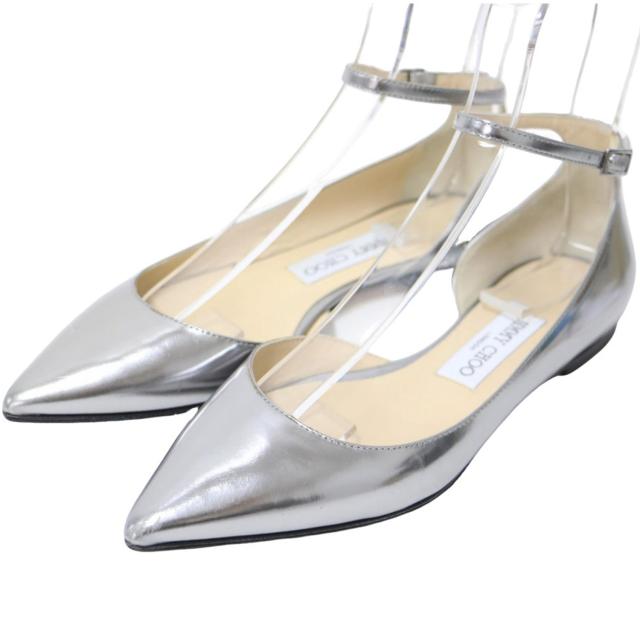 JIMMY CHOO ジミーチュウ シルバー サイズ:36(23.0cm) / メタリック レザー アンクルストラップ シューズ / LUCY FLAT パンプス ポインテッドトゥ フラット / イタリア製 / ブランド シューズ 靴【レディース】【中古】【K4445】