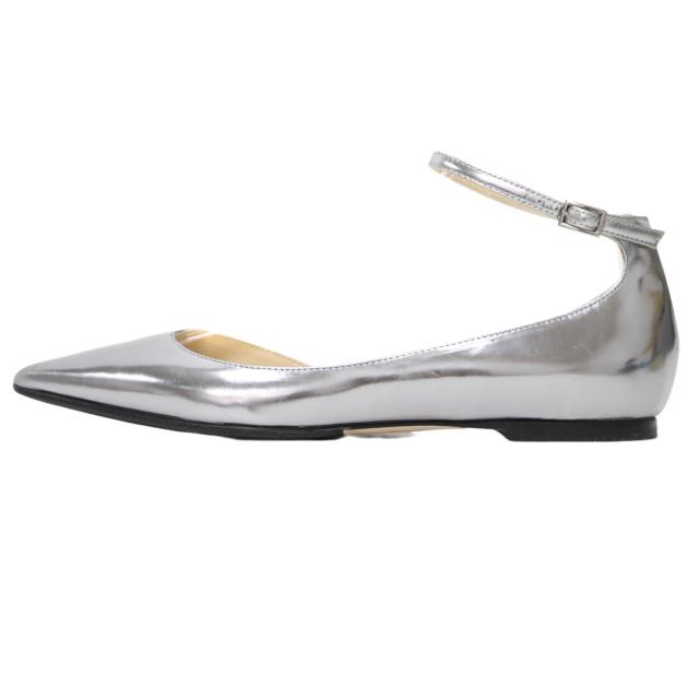 JIMMY CHOO ジミーチュウ シルバー サイズ:36(23.0cm) / メタリック レザー アンクルストラップ シューズ / LUCY FLAT パンプス ポインテッドトゥ フラット / イタリア製 / ブランド シューズ 靴【レディース】【中古】【K4445】
