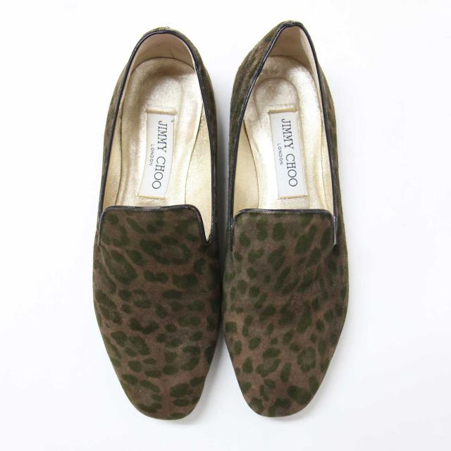 JIMMY CHOO ジミーチュウ ブラウン サイズ:35 1/2(22.5cm) / スエード レオパード スリッポン / ローファー フラット ヒョウ柄 ロゴ / イタリア製 / ブランド シューズ 靴【レディース】【中古】【K4369】