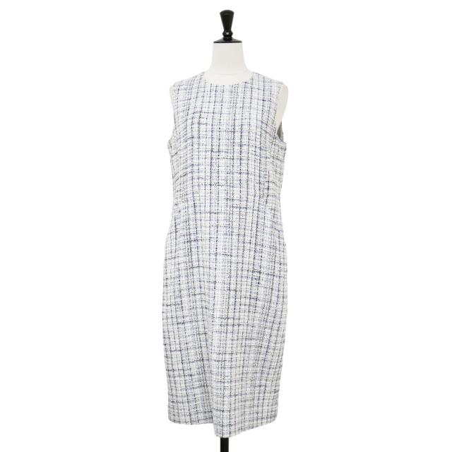 theory luxe セオリーリュクス ワンピース ホワイト ブルー サイズ:38(M) / ツイード ミディ ノースリーブ ワンピース / CREVON INGER ドレス Iライン コットン / トップス ドレス【レディース】【K4456】
