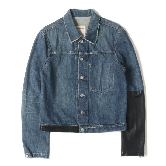 HELMUT LANG ヘルムートラング ジャケット サイズ:48(L) / 03SS レザー 切替 ヴィンテージ加工 デニム トラッカー ジャケット / VINTAGE DENIM SLIM 1 POCKET / インディゴ / アウター ブルゾン Gジャン 上着【メンズ】【中古】【美品】【K4464】
