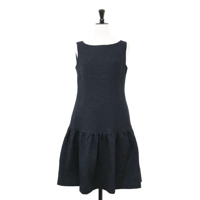 MS GRACY エムズグレイシー ワンピース ブラック 黒 サイズ:36(S) / 24春夏 サマー ツィ—ド ドレス / ミディ丈 ノースリーブ ギャザー ペプラム / 日本製 / トップス 【レディース】【中古】【新品同様】【K4467】