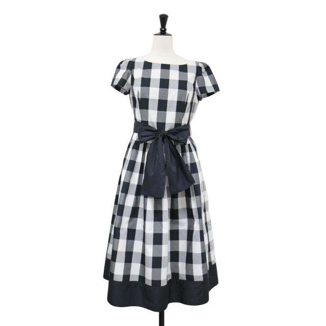 MS GRACY エムズグレイシー ワンピース ブラック ホワイト 黒白 サイズ:36(S) / 24春夏 シルク混 チェック ワンピース / 半袖 リボン フレア / 日本製 / トップス ドレス【レディース】【中古】【美品】【K4470】