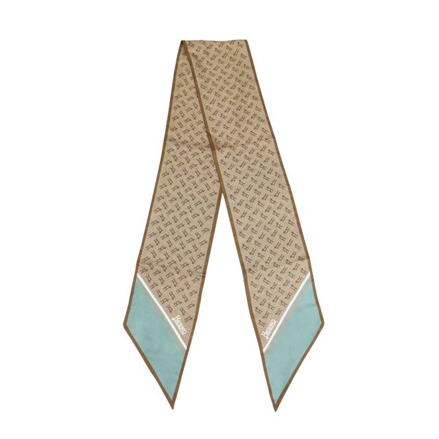 HERNO ヘルノ スカーフ / Hモノグラム スカーフ / リボン 配色 ライン ロゴ / ブラウン グリーン ホワイト / ブランド ファッション アイテム 小物 雑貨【レディース】【中古】【K4473】