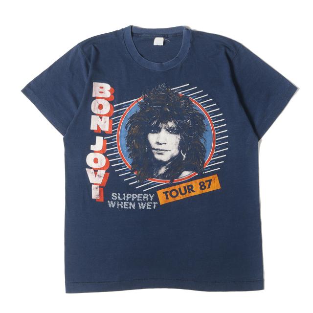 Vintage Music Item / 80s Bon Jovi Slippery When Wet Tour Tシャツ (USA製) / ネイビー 紺 / サイズ:L / 80年代 ヴィンテージ 古着 / トップス カットソー 半袖【メンズ】【中古】【K4474】