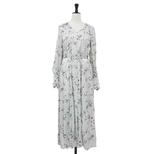 FRAY I.D フレイアイ・ディー ワンピース グレー系 サイズ:1(M) / 24春夏 パイピングデザイン サテン タック ワンピース / ロング丈 長袖 Vネック 花柄 フラワー フレア / トップス ドレス【レディース】【中古】【K4480】