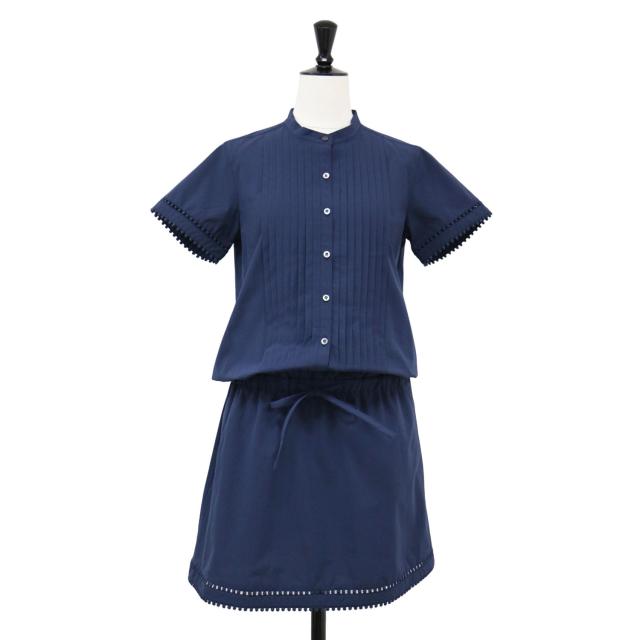 MASTER BUNNY EDITION マスターバニーエディション ワンピース ネイビー 紺 サイズ:0(S) / ノーカラー ロゴ 刺繍 ワンピース / ミディ丈 半袖 レース プリーツ タック / トップス ドレス【レディース】【中古】【K4485】