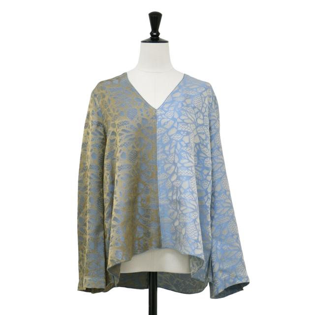 forte_forte フォルテフォルテ ブラウス ブルー×ベージュ サイズ:1(M) / ジャガード Vネック ブラウス / プルオーバー 長袖 フレア バイカラー / トップス シャツ 羽織り【レディース】【中古】【K4485】
