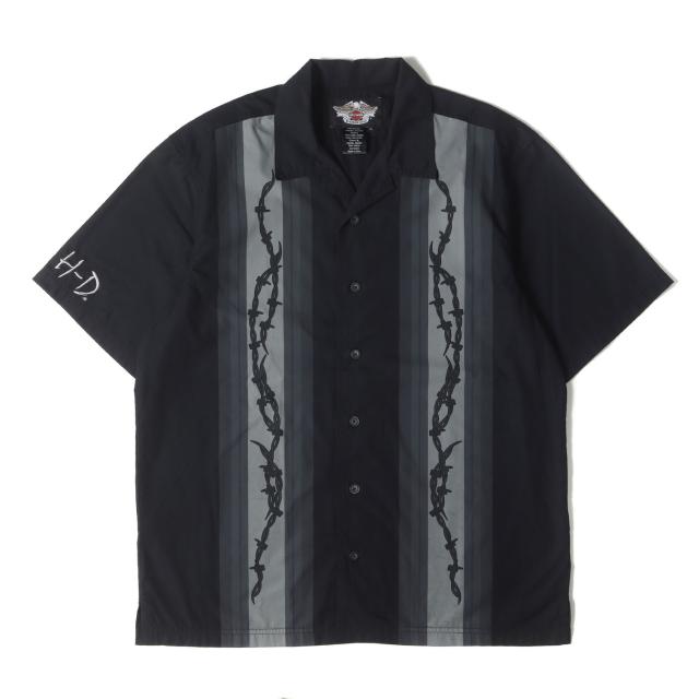 HARLEY-DAVIDSON ハーレーダビッドソン シャツ サイズ:L / 00s バーブワイヤー ストライプ オープンカラー 半袖 シャツ / ブラック 黒 / トップス カジュアルシャツ / 00年代 古着【メンズ】【中古】【K4486】