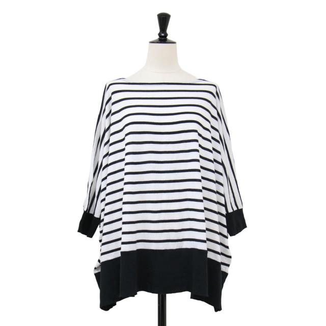 GALERIE VIE ギャルリー ヴィー ニット ホワイト ブラック 白黒 サイズ:FREE / 24秋冬 パウダーコットン ワイド プルオーバー / ニット 7分袖 ボートネック ボーダー柄 ハイゲージ / トップス セーター【レディース】【中古】【K4493】