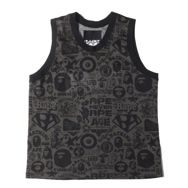 A BATHING APE ア ベイシング エイプ サイズ:L / 00s アイコン総柄 バスケジャージ タンクトップ / グレー ブラック / トップス / 00年代 アーカイブ【メンズ】【中古】【K4495】