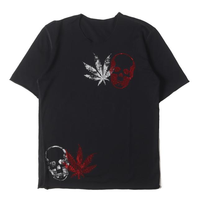 lucien pellat-finet ルシアンペラフィネ Tシャツ サイズ:M / ラインストーン スカル&マリファナ クルーネック Tシャツ / ブラック 黒 / イタリア製 / トップス カットソー 半袖【メンズ】【中古】【美品】【K4498】