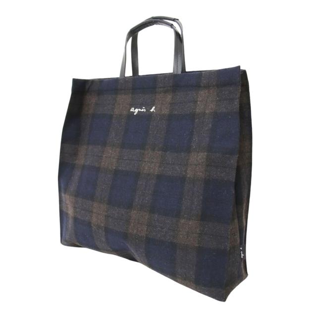 agnes b. アニエスベー バッグ ネイビー ブラウン / ウール チェック トートバッグ RAX05-01 / ハンドバッグ スクエア ロゴ 刺繍 牛革 / ブランド カバン【レディース】【中古】【K4500】