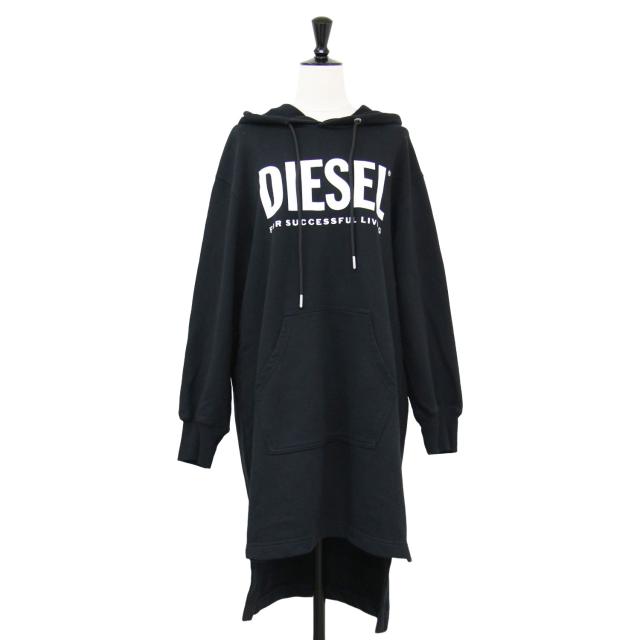 DIESEL ディーゼル ワンピース ブラック 黒 サイズ:XXS / ロゴ プリント パーカー ワンピース / チュニック フーディ スウェット ミディ丈 長袖 裏毛 コットン / トップス ドレス【レディース】【中古】【K4501】