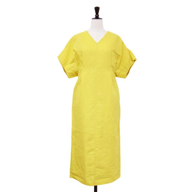 Ballsey ボールジー ワンピース イエロー サイズ:34(7号) / 22春夏 リネン コットン ムーブ Vネック ワンピース / ロング丈 半袖 ボリュームスリーブ タック フリンジ / トップス ドレス【レディース】【中古】【美品】【K4509】