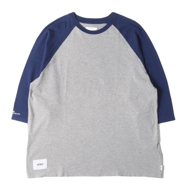 WTAPS ダブルタップス Tシャツ サイズ:L / 21SS 袖GPSロゴ 7分袖 ラグラン Tシャツ (IAN RAGLAN COTTON) / ネイビー グレー / トップス カットソー 半袖【メンズ】【中古】【K4513】