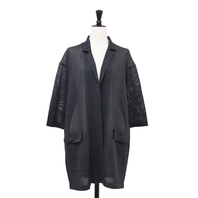 DES PRES デプレ カーディガン チャコールグレー サイズ:FREE / 25春夏 コットン シルク ペーパーツイスト ラペルカラー カーディガン / ニット 7分袖 ボタンレス / トップス 羽織り【レディース】【中古】【美品】【K4513】