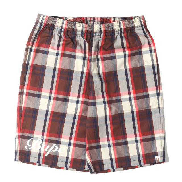 A BATHING APE ア ベイシング エイプ パンツ サイズ:XL / ラブジェネチェック イージーショーツ / レッド ブラウン / ボトムス ショートパンツ【メンズ】【中古】【美品】【K4520】
