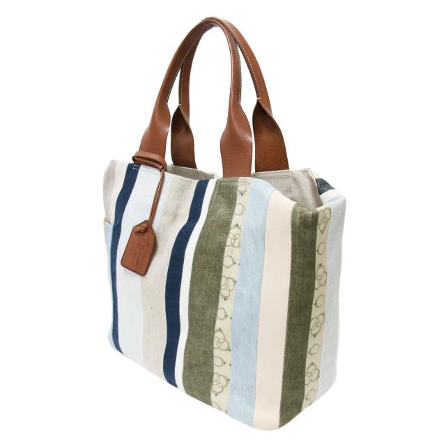 genten ゲンテン バッグ ブルー系 / 22春夏 ルオーロ ストライプ 2WAY トート バッグ / ワンショルダー / パッチワーク 牛革 レザー / ブランド カバン【レディース】【中古】【K4521】