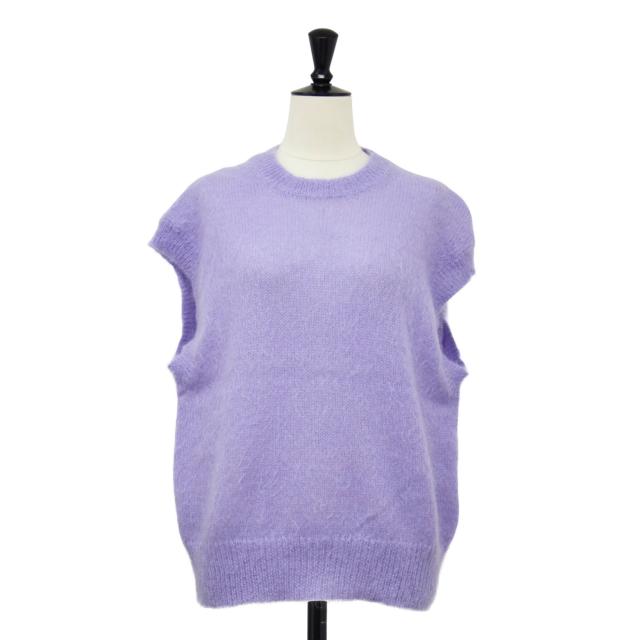 MACPHEE マカフィー ベスト パープル ホワイト サイズ:S(9号) | 21秋冬 ヘアリー モヘヤ クルーネック ベスト | プルオーバー フレンチスリーブ ウール | トップス セーター【レディース】【中古】【K4528】
