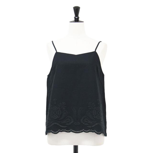 23区 ニジュウサンク キャミソール ブラック 黒 サイズ:32(XS) | 24春夏 リネン エンブロイダリー キャミソール / ブラウス | ノースリーブ レース 刺繍 ワイド コットン | トップス 【レディース】【中古】【K4533】