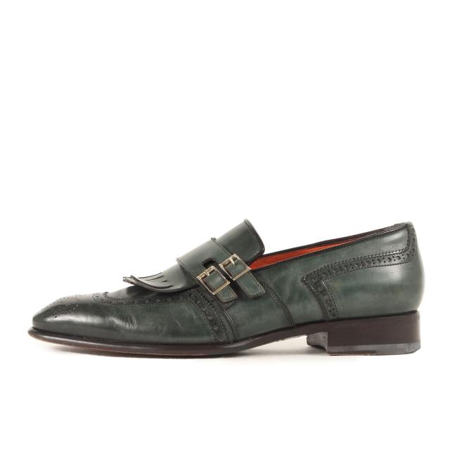 人気定番，2025 SANTONI サントーニ サイズ:7(26.0cm相当) | ダブルモンク ストラップ メダリオン ドレス シューズ (14824) | グリーン | イタリア製