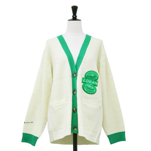 LOGAN KNITTING MILLS ローガンニッティングミルズ SHIPS 別注 カーディガン アイボリー グリーン サイズ:FREE | 24秋冬 Vネック パッチ カーディガン / ニット | 長袖 ワッペン 配色 オーバーサイズ | トップス セーター【レディース】【K4534】