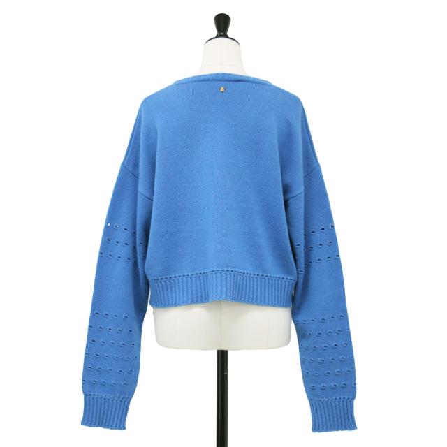 VERSACE ヴェルサーチ ニット ブルー サイズ:38(XS) | ウール 透かし編み ワイド ニット | プルオーバー ショート丈 クルーネック 長袖 | イタリア製 | トップス セーター【レディース】【中古】【K4534】 VERSACE ヴェルサーチ ニット ブルー サイズ:38(XS) | ウール 透かし