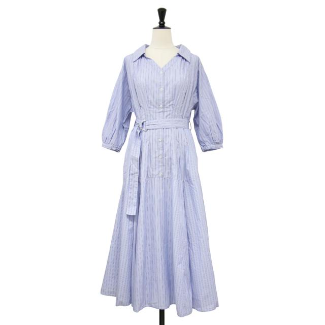 Mystrada マイストラーダ ワンピース ブルー サイズ:36(S) | 21春夏 ベルト付き シャツ ワンピース | 5分袖 ミモレ丈 パフスリーブ フレア ストライプ タック コットン | トップス ドレス 【レディース】【中古】【K4550】