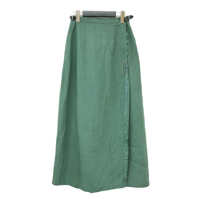 ONEIL OF DUBLIN オニールオブダブリン スカート グリーン サイズ:GB8(M) | リネン マキシ キルト スカート | ロング プリーツ Aライン レザーベルト フリンジ | ボトムス【レディース】【中古】【K4551】