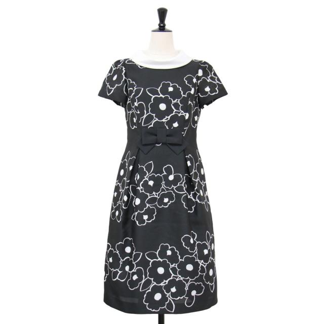 42サイズ　美品　リネン50% エムズグレイシー　半袖　ワンピース　花柄レース M'SGRACY エムズグレイシー リネン混ワンピース 黒 花柄レース M'S