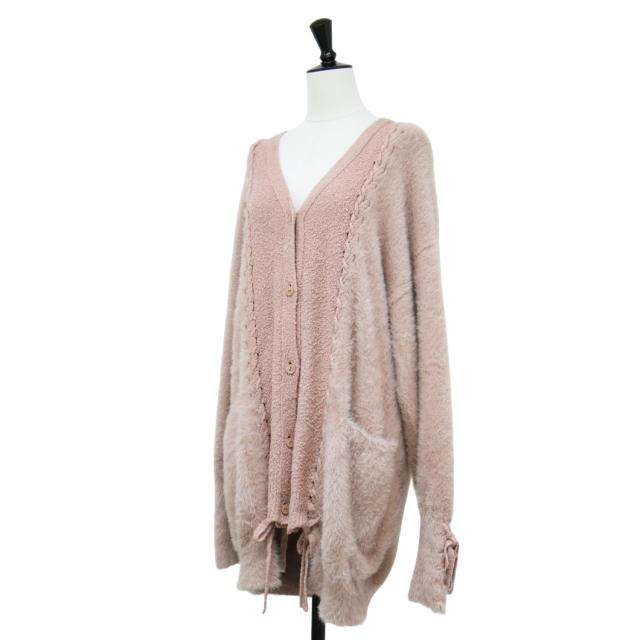 HYSTERIC GLAMOUR ヒステリックグラマー カーディガン ピンク サイズ:FREE | Vネック レースアップ カーディガン | ミドル丈 長袖 シャギー オーバーサイズ コットン | トップス 羽織り【レディース】【中古】【K4554】 HYSTERIC GLAMOUR ヒステリックグラマー カーディガン ピンク サイズ