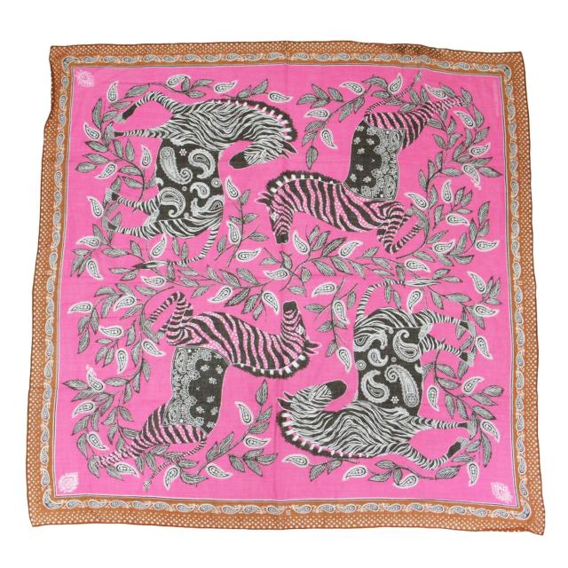 INOUI EDITIONS イヌイエディションズ スカーフ ピンク ブラウン系 | アニマル柄 コットン スカーフ / ストール | 大判 ゼブラ ペイズリー プリント | ブランド ファッション アイテム 小物【レディース】【中古】【K4554】