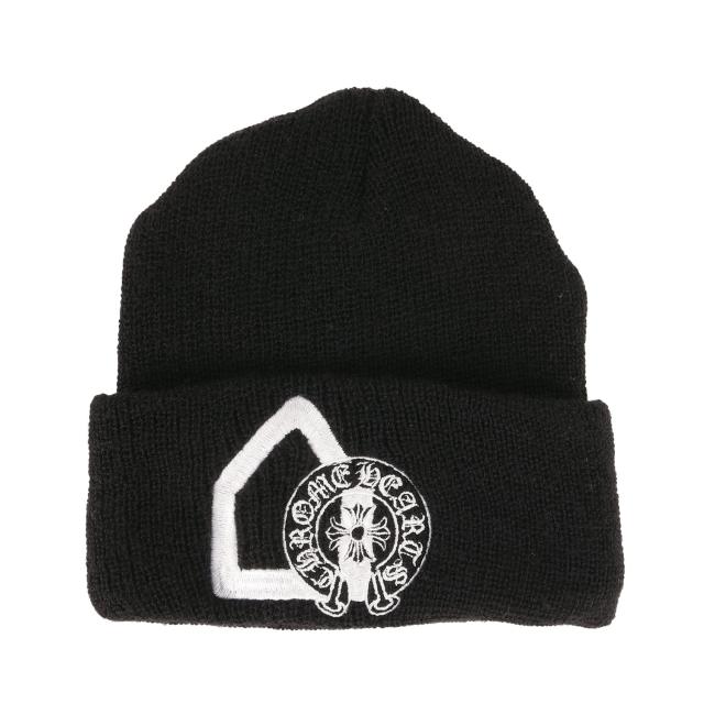 レザーパッチ クロムハーツニット帽 CHROME HEARTS 黒 レザーパッチ