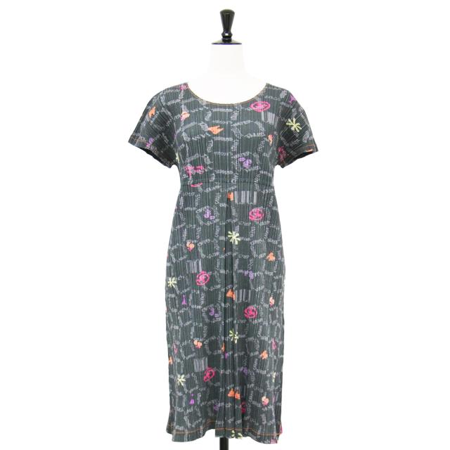 PLEATS PLEASE プリーツプリーズ ワンピース グレー サイズ:4(XL) | メガマート 総柄 プリーツ ワンピース | 半袖 クルーネック タック フレア Aライン コットン | トップス ドレス  【レディース】【中古】【K4561】