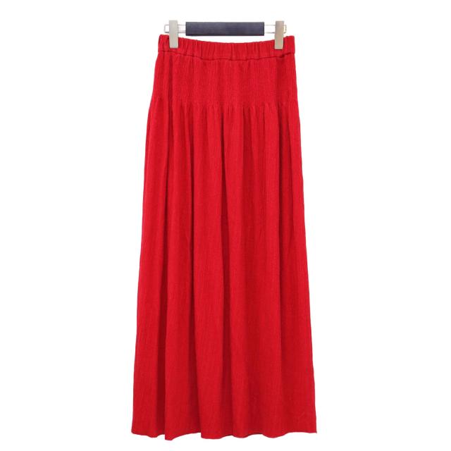 KENLAND LINEN ケンランドリネン スカート レッド サイズ:1(S) | ニット フレア スカート | ロング丈 Aライン タック ギャザー ウエストゴム リネン | ボトムス | 日本製【レディース】【中古】【K4564】