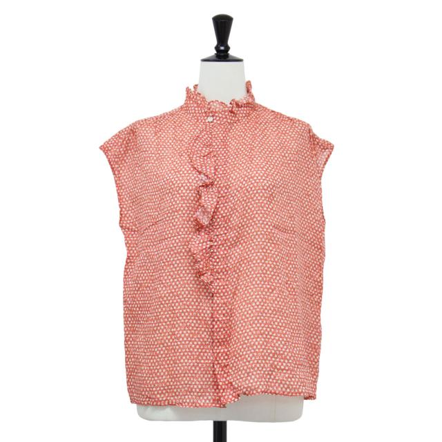 SOULEIADO ソレイアード ブラウス オレンジ系 サイズ:36(9号) | 24春夏 コットン ラミープリント フリルネック ブラウス / シャツ | ノースリーブ ハイネック 比翼ボタン リネン | 日本製 | トップス【レディース】【中古】【K4572】