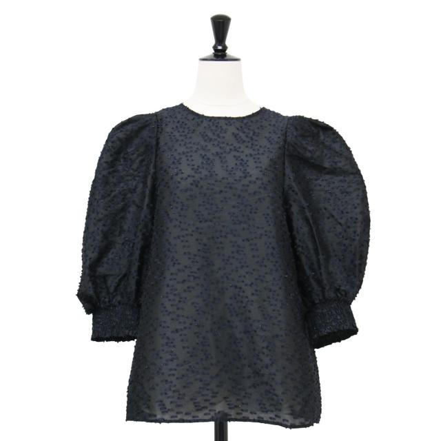 UNITED ARROWS ユナイテッドアローズ ブラウス 黒 紺 ブラック ネイビー サイズ:FREE | 25春夏 カットジャガード パフスリーブ ブラウス 5分袖 クルーネック シアー | トップス シャツ 半袖 【レディース】【中古】【美品】【K4576】