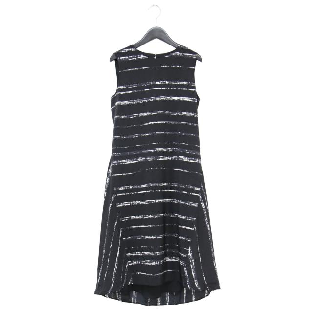 VINCE. ヴィンス ワンピース ブラック 黒 サイズ:2(M) | シルク ボーダー ノースリーブ ワンピース / ドレス | クルーネック 膝丈 フレア アシンメトリー | トップス【レディース】【中古】【K4577】