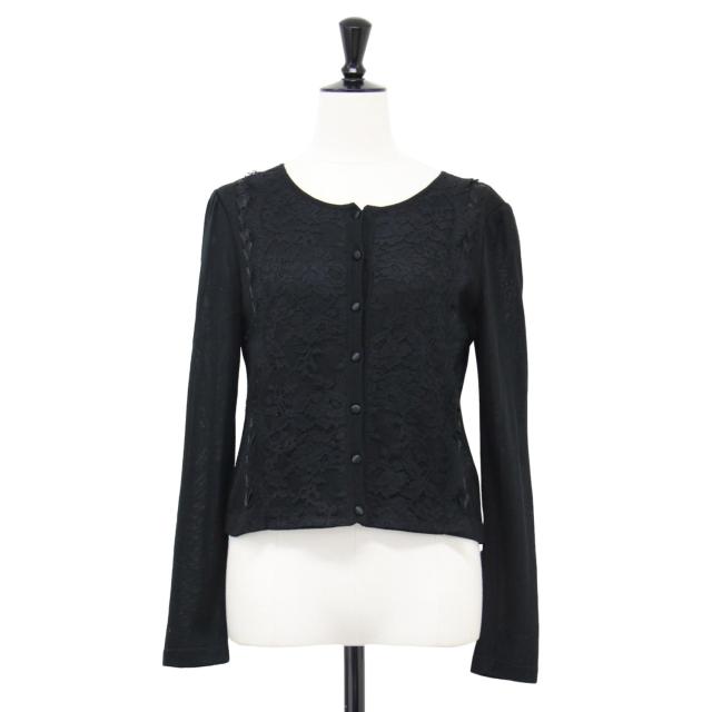 Rene ルネ カーディガン ブラック 黒 サイズ:34(XS) | レース付き ショート丈 カーディガン / ニット | 長袖 ラウンドネック レースアップ リボン ウール | トップス セーター | 日本製【レディース】【中古】【K4578】